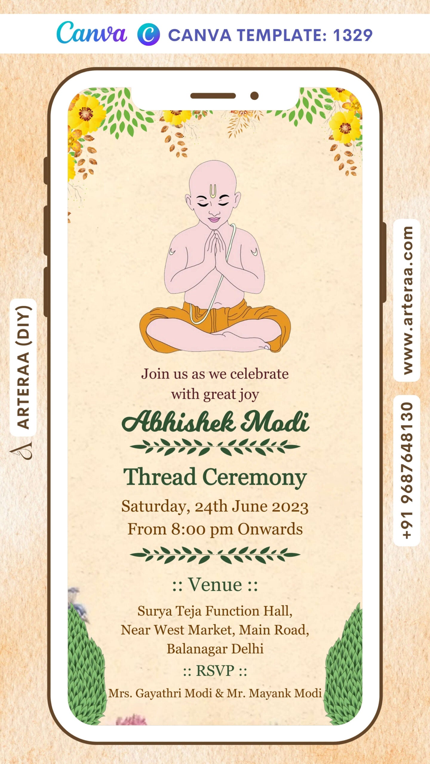 Thread ceremony invitation card Canva Editable Template in english language with yagnopaveet doodle, flowers as floral theme design 1329