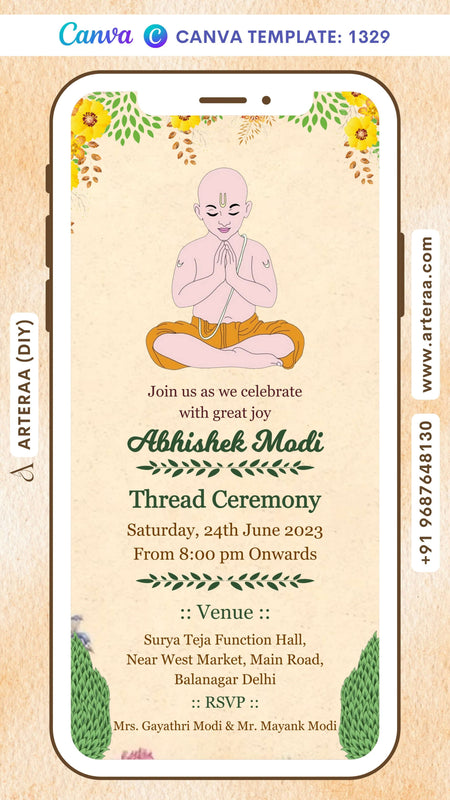 Thread ceremony invitation card Canva Editable Template in english language with yagnopaveet doodle, flowers as floral theme design 1329