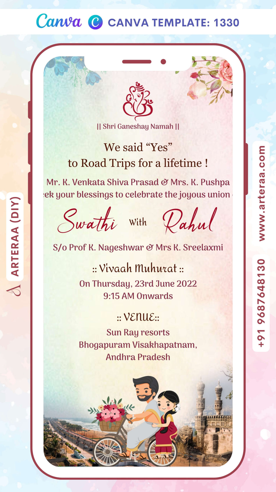 Wedding ceremony invitation card Canva Editable Template of hindu south indian telugu family in english language with two state romantic theme design 1330