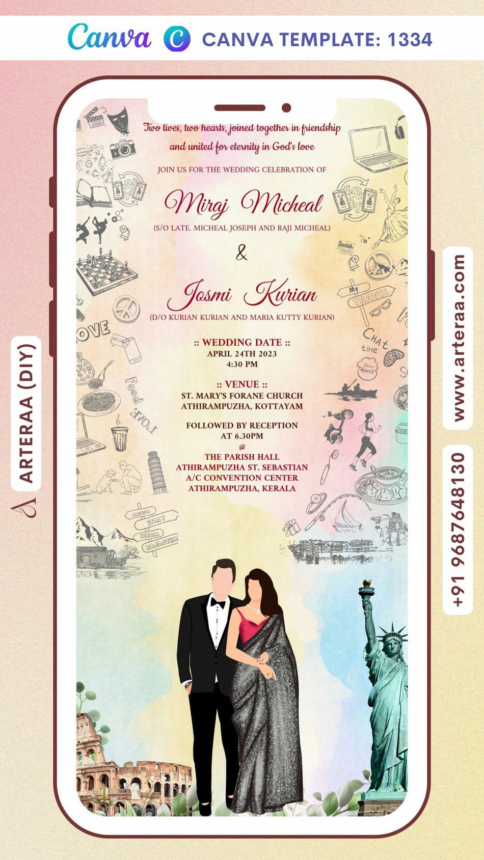 Charming couple doodle invitation card Canva Editable Template for the wedding ceremony of Hindu south indian Malayali family in english language with different hobbies theme design 1334