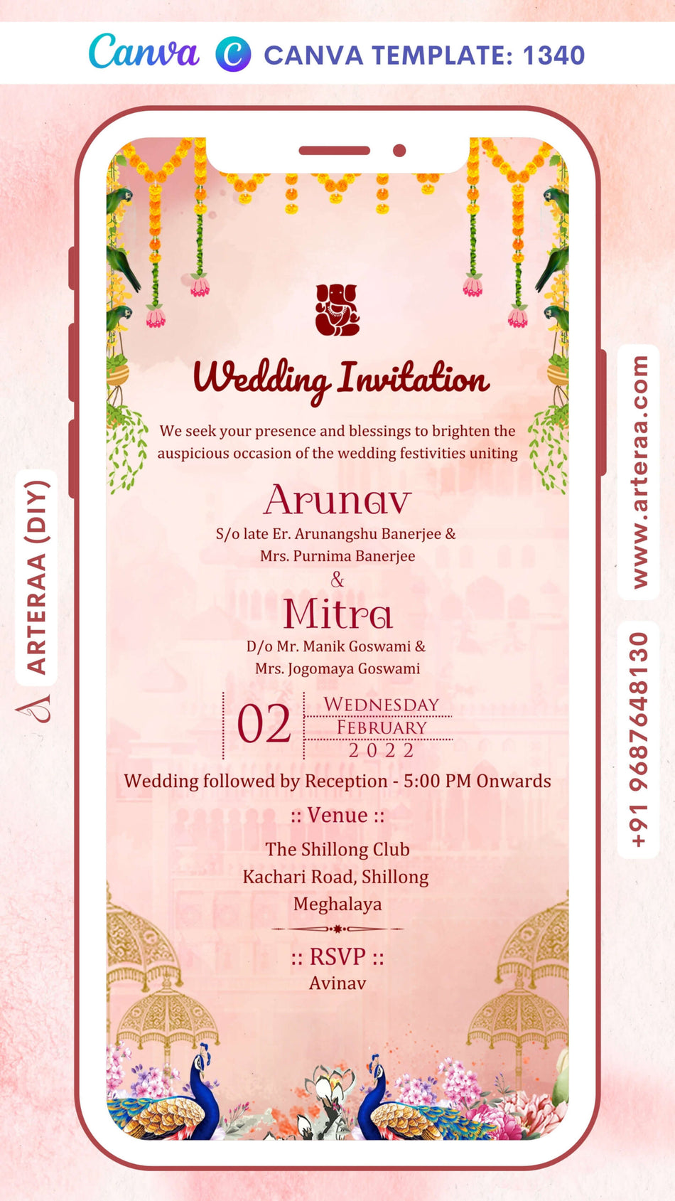 Wedding ceremony invitation card Canva Editable Template of hindu north indian family in english language with traditional theme design 1340