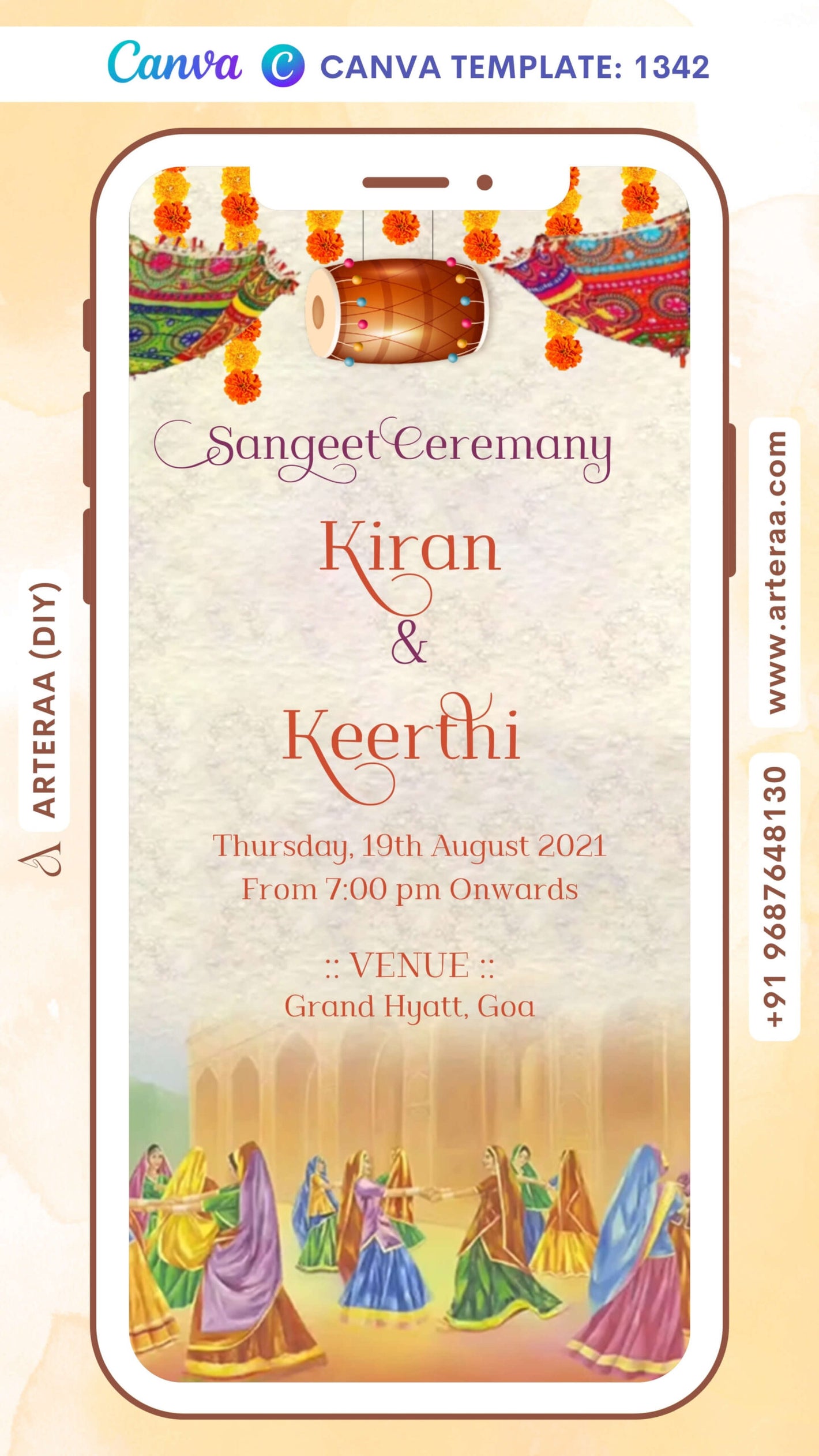 Sangeet Sandhya Ceremony invitation card Canva Editable Template in english language with drums, garland as vintage theme design 1342