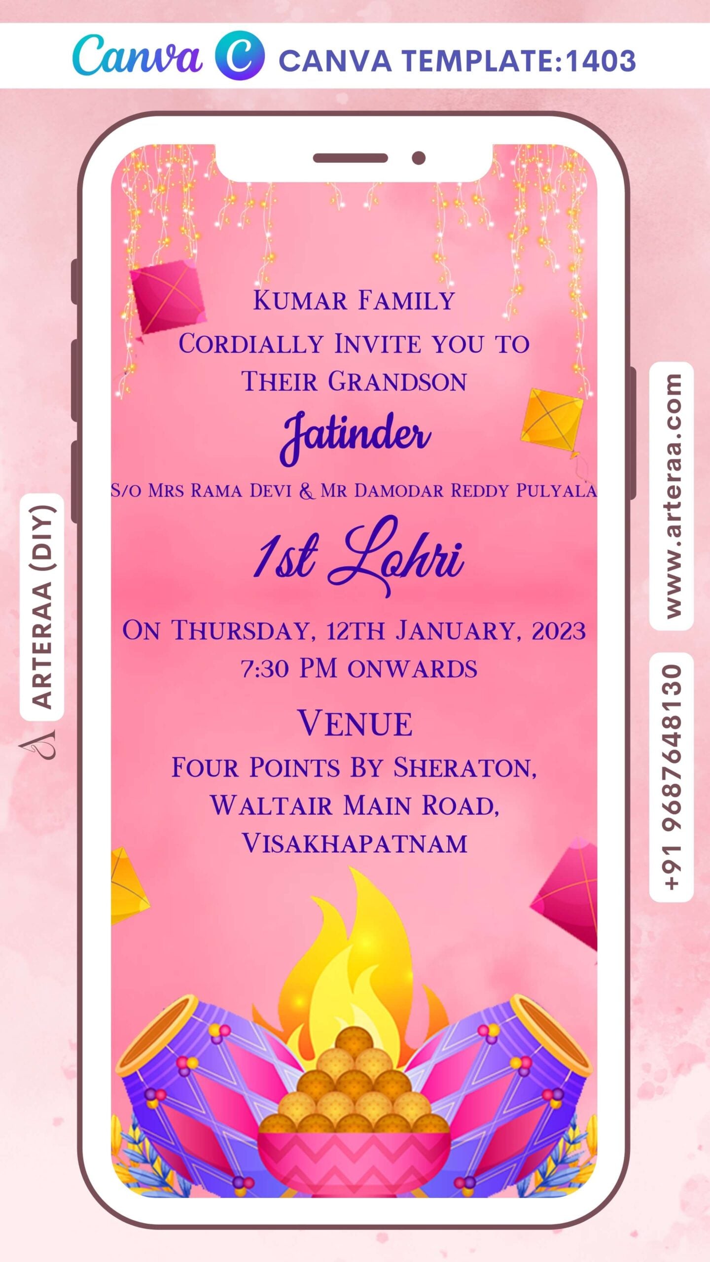 Lohri invitation Canva Editable video Template in english language with lights, kites, bonfire, dholki, leaves, sweets as minimalistic theme design 1403
