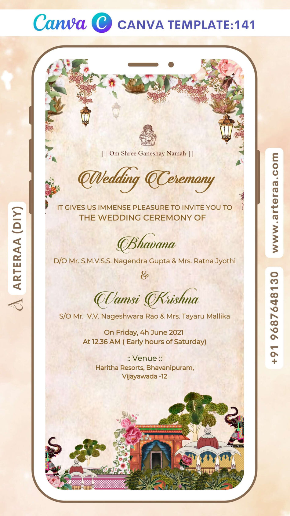 Wedding ceremony invitation card Canva Editable Template of hindu south indian telugu family in english language with floral theme design 141
