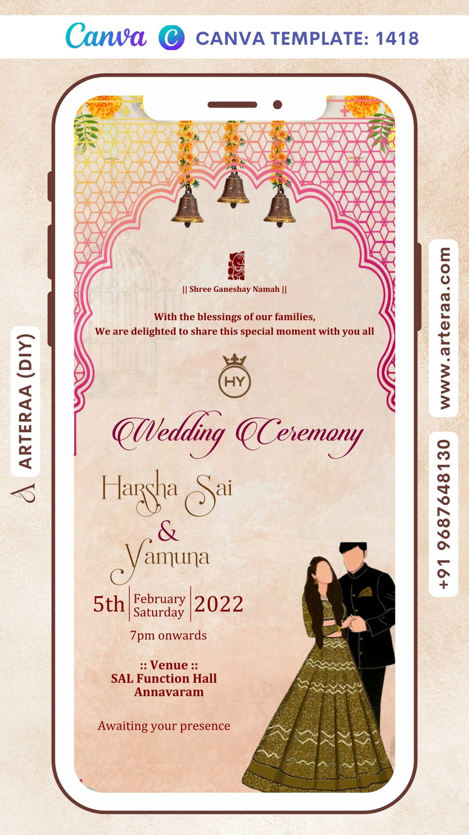 Stylish digital invitation card for the wedding ceremony of Hindu south indian telugu family in english language with marigold flower and arch theme Canva Editable Template design 1418