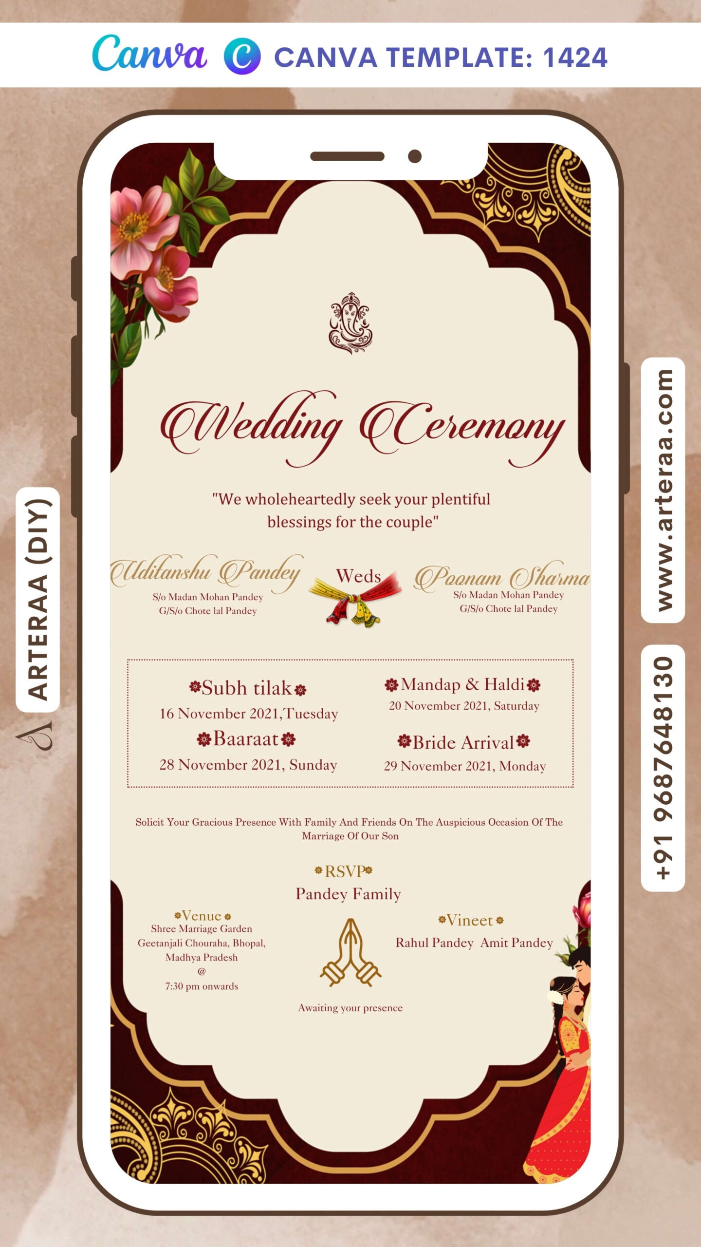 Wedding ceremony invitation card Canva Editable Template of hindu north indian family in english language with Arch theme design 1424