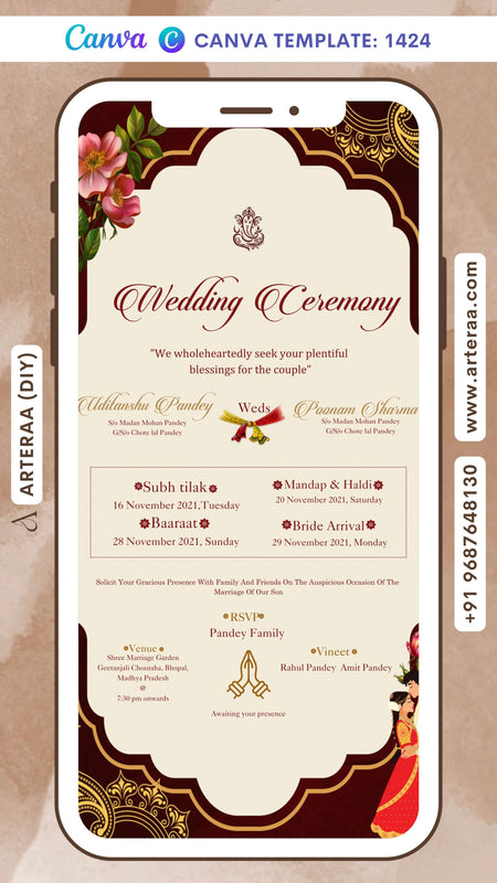 Wedding ceremony invitation card Canva Editable Template of hindu north indian family in english language with Arch theme design 1424
