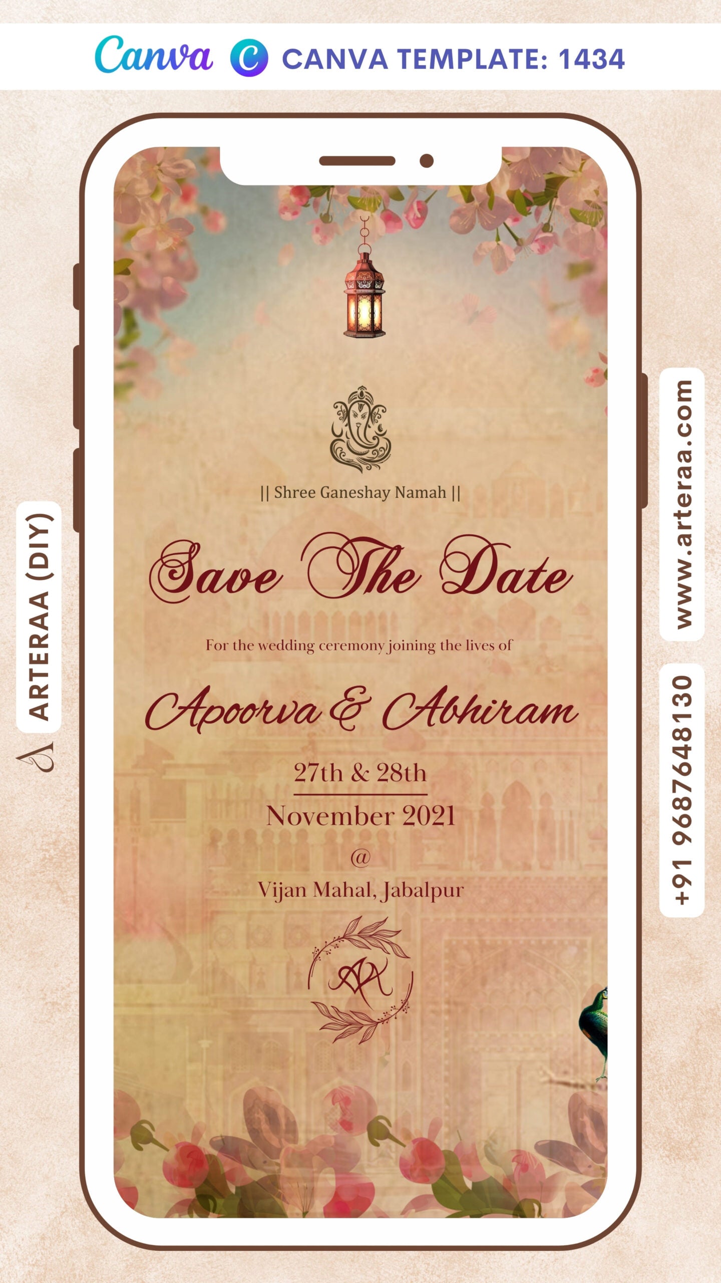 Save the Date card Canva Editable Template in english language with couple logo, peacock as vintage theme design 1434