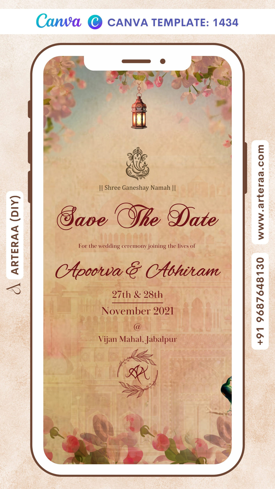 Save the Date card Canva Editable Template in english language with couple logo, peacock as vintage theme design 1434