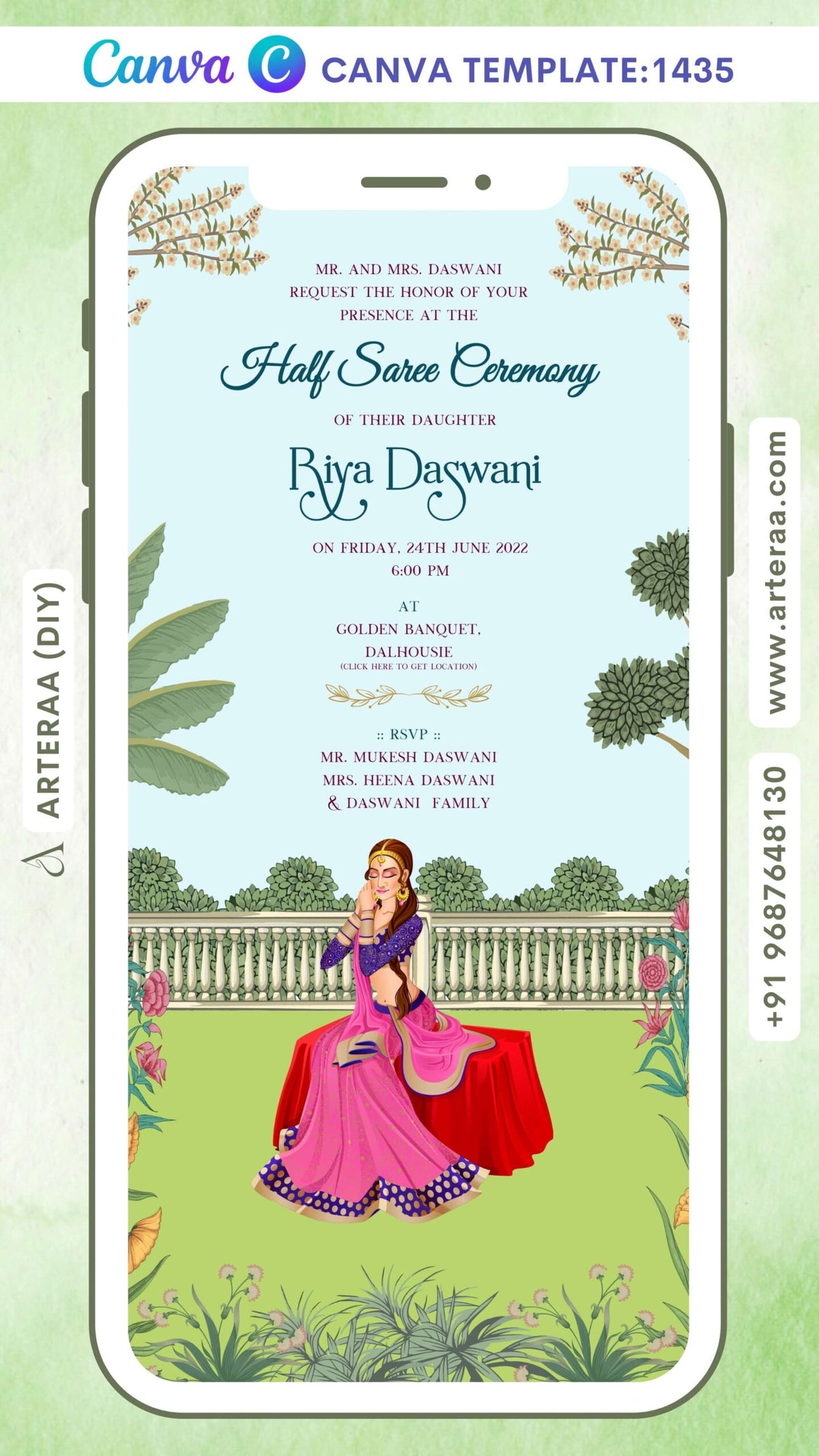 Half Saree ceremony invitation card Canva Editable Template in english language with garden theme design 1435