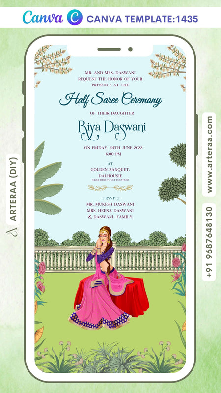 Half Saree ceremony invitation card Canva Editable Template in english language with garden theme design 1435