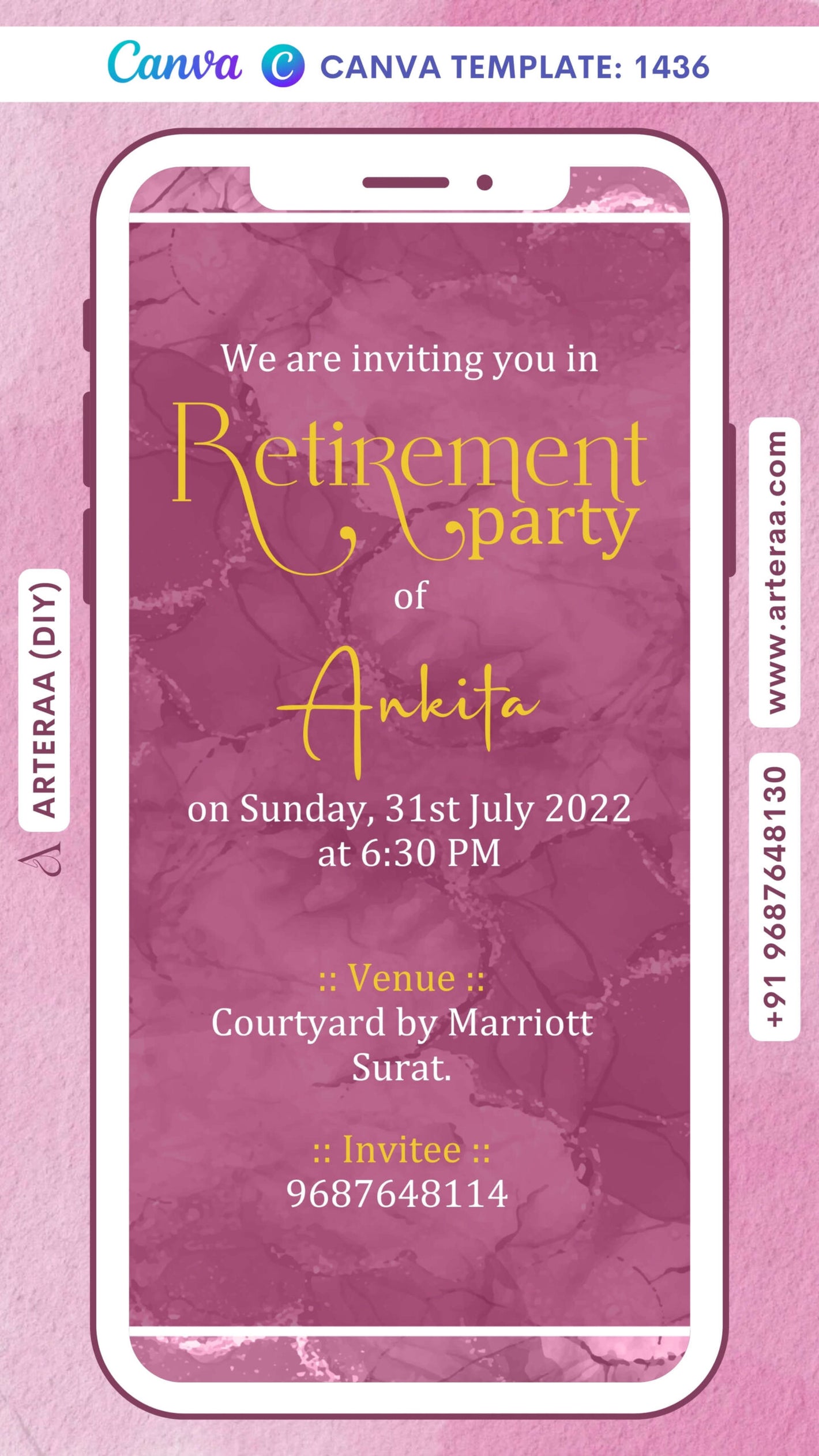 Retirement Party invitation card Canva Editable Template in english language with frame as minimalistic theme design 1436