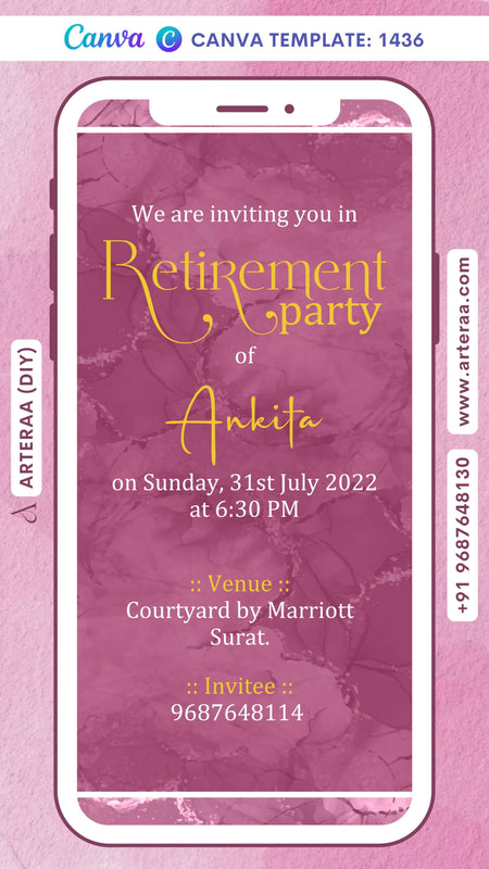 Retirement Party invitation card Canva Editable Template in english language with frame as minimalistic theme design 1436