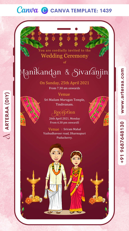 Wedding ceremony invitation card Canva Editable Template of hindu hindu south indian family in english language with traditional theme design 1439