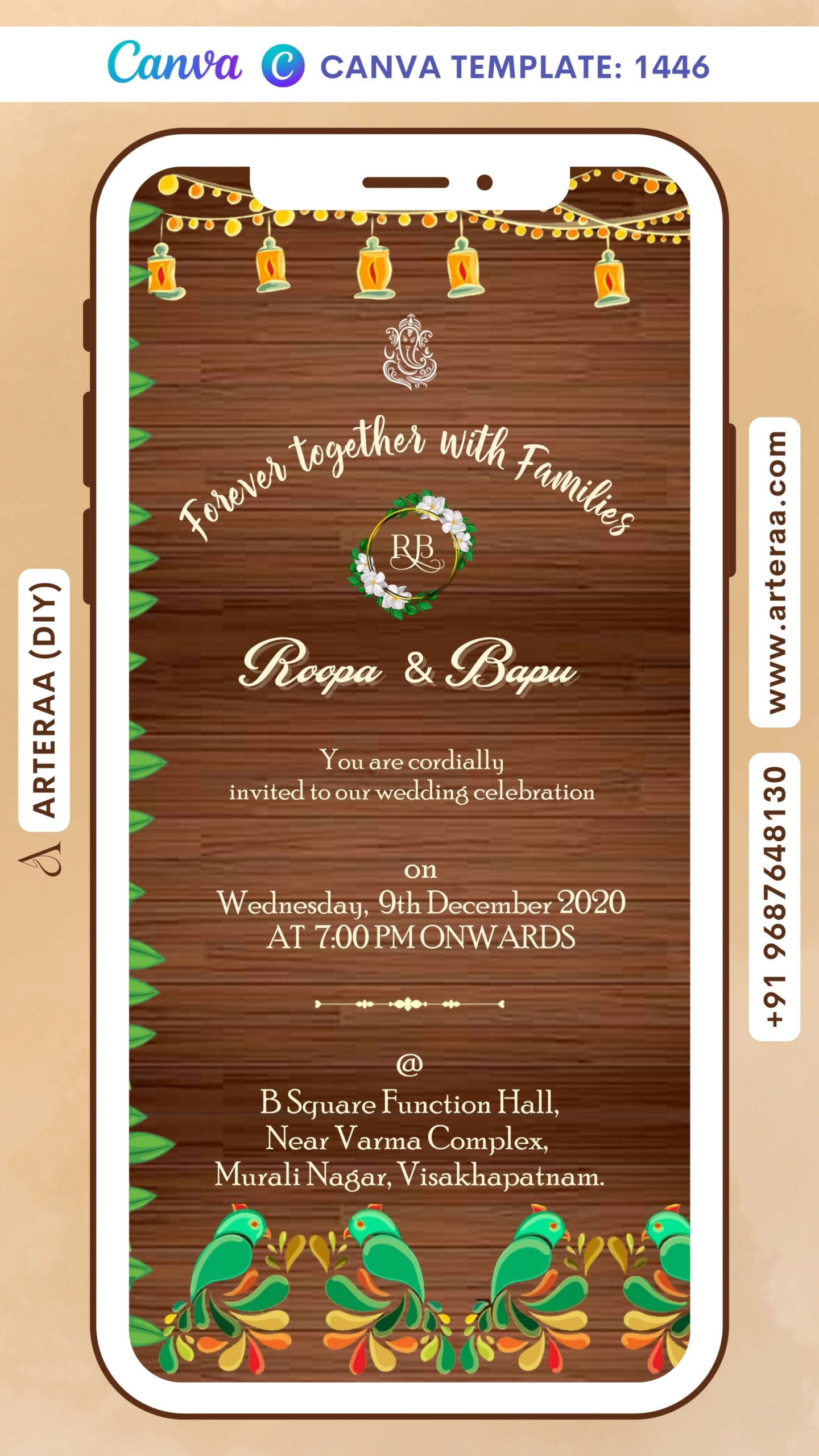 Wedding ceremony invitation card Canva Editable Template of hindu south indian telugu family in english language with wooden theme design 1446