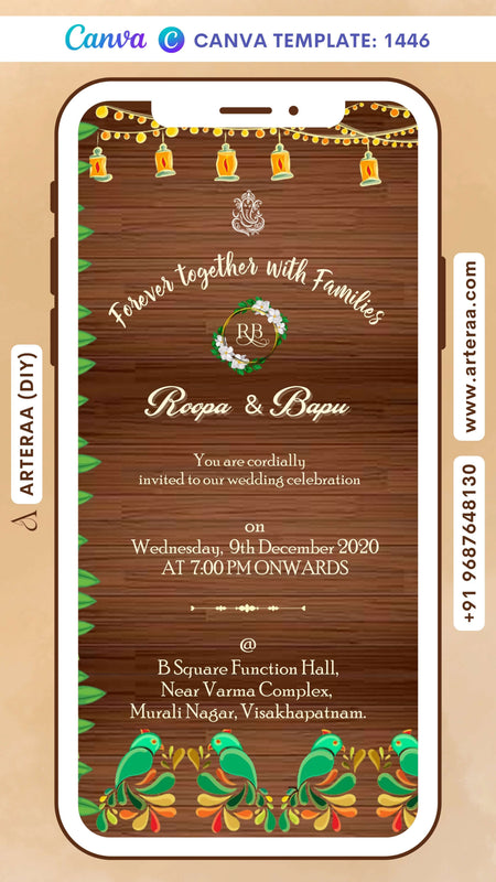 Wedding ceremony invitation card Canva Editable Template of hindu south indian telugu family in english language with wooden theme design 1446