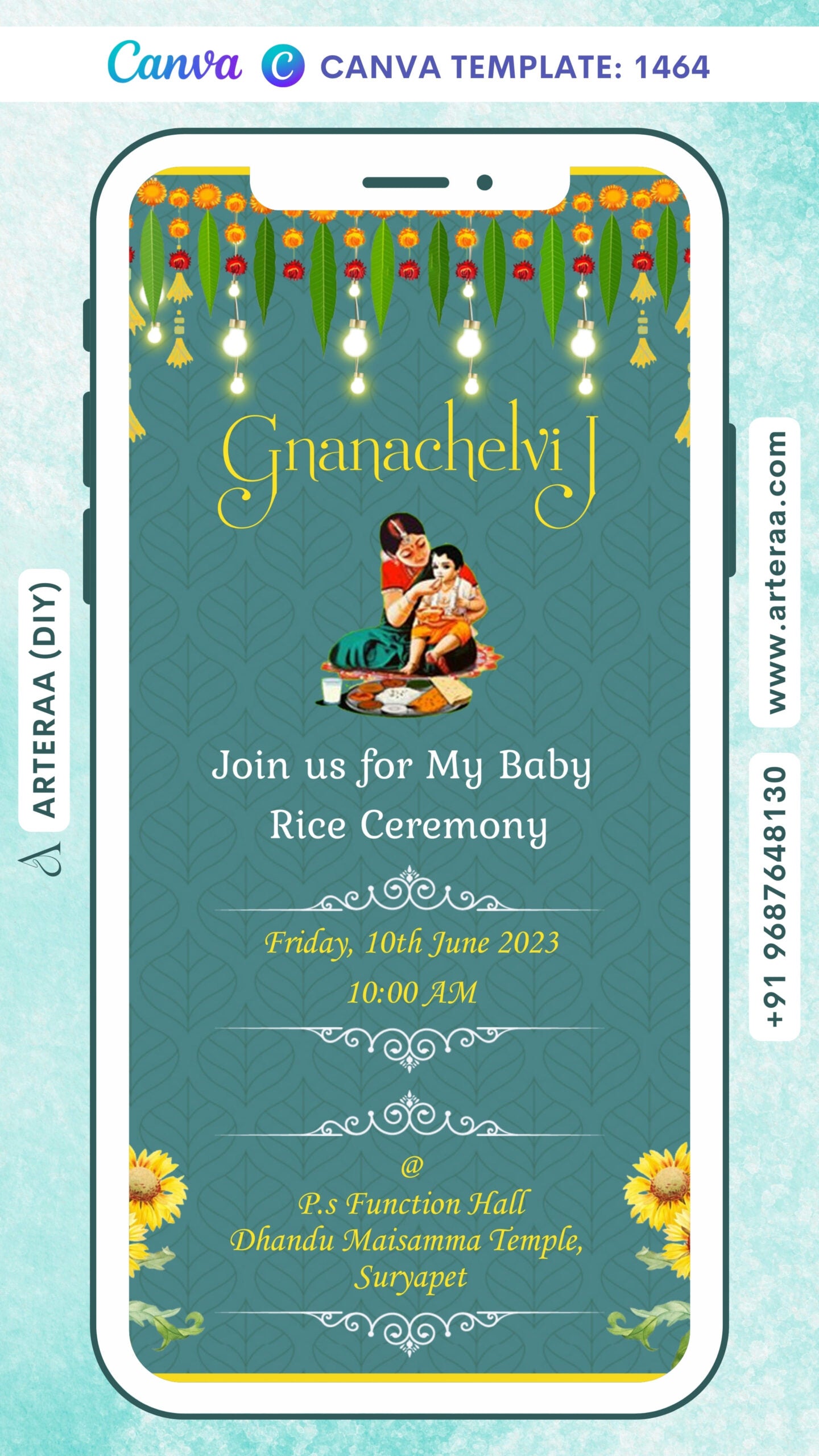 Annaprashan ceremony invitation card Canva Editable Template in english language with flowers, rice feeding doodle as minimalistic theme design 1464