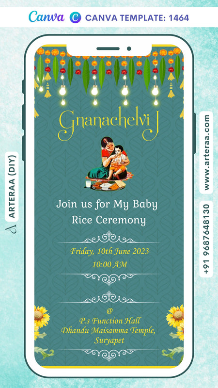 Annaprashan ceremony invitation card Canva Editable Template in english language with flowers, rice feeding doodle as minimalistic theme design 1464