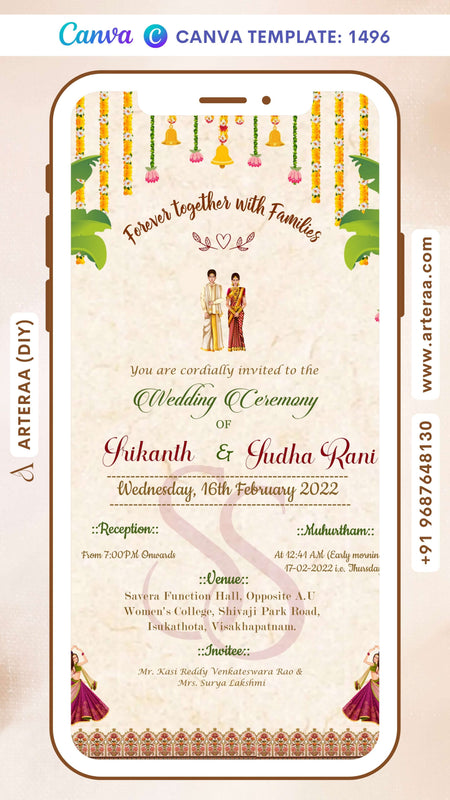 Wedding ceremony invitation card Canva Editable Template of hindu south indian telugu family in english language with traditional theme design 1496