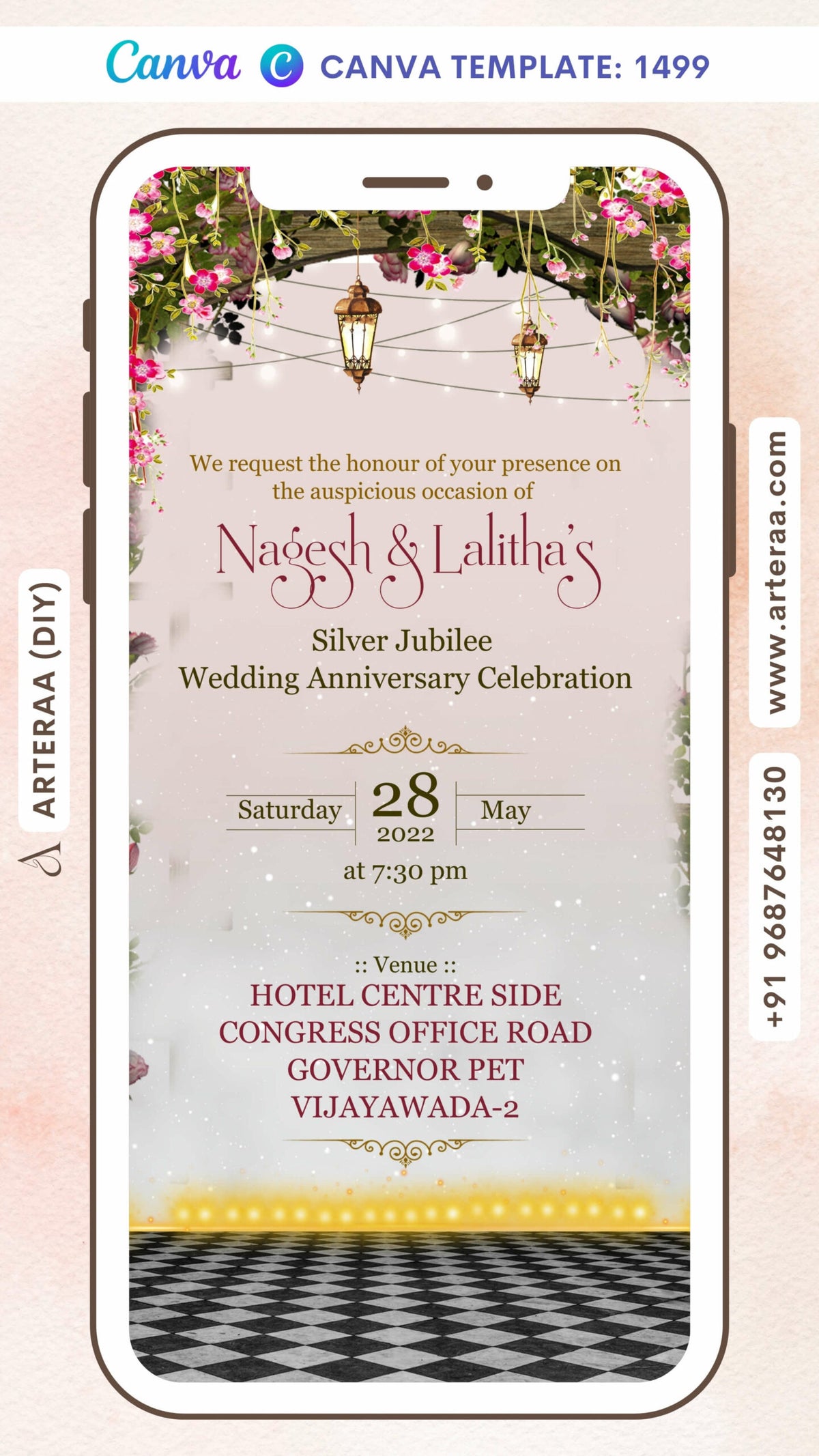25th Wedding Anniversary invitation card Canva Editable Template in English language with flowers, lantern as gate theme design 1499