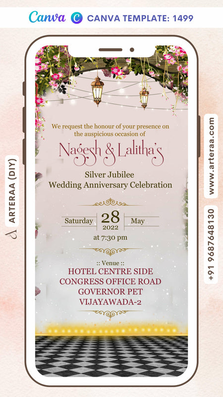 25th Wedding Anniversary invitation card Canva Editable Template in English language with flowers, lantern as gate theme design 1499