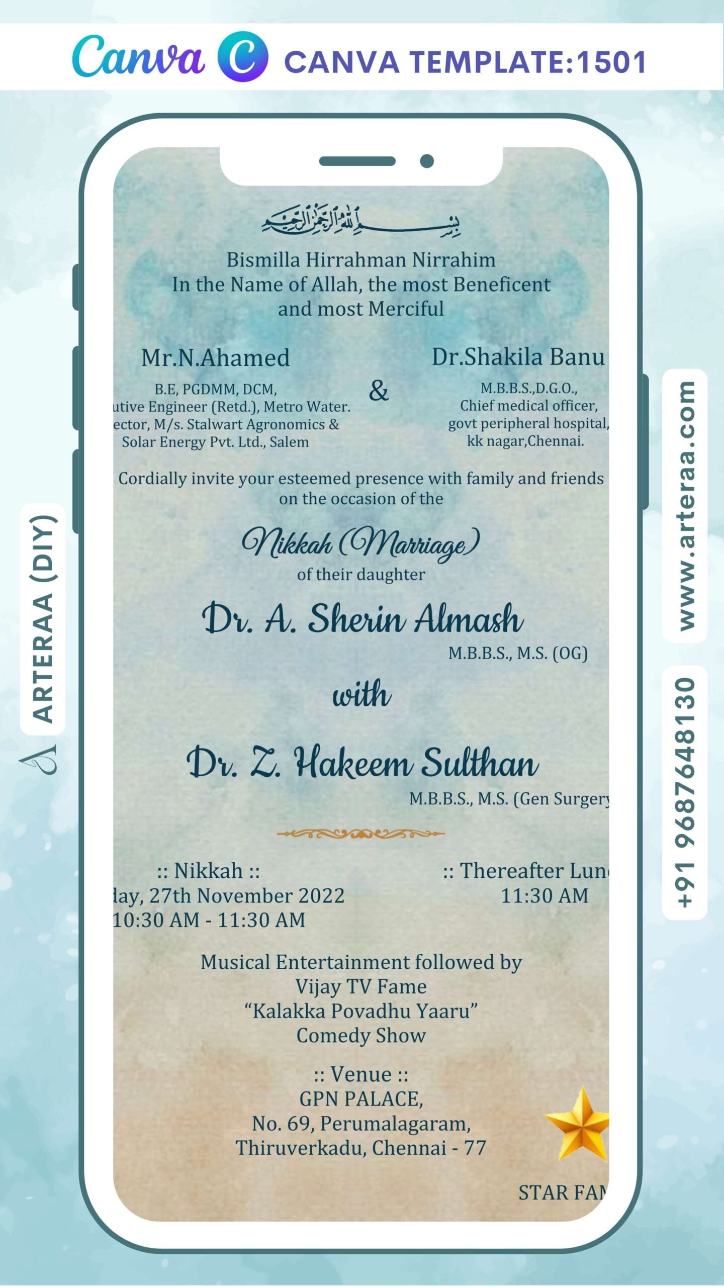 Nikah ceremony invitation card Canva Editable Template of Muslim family in english language with Asthetic theme design 1501