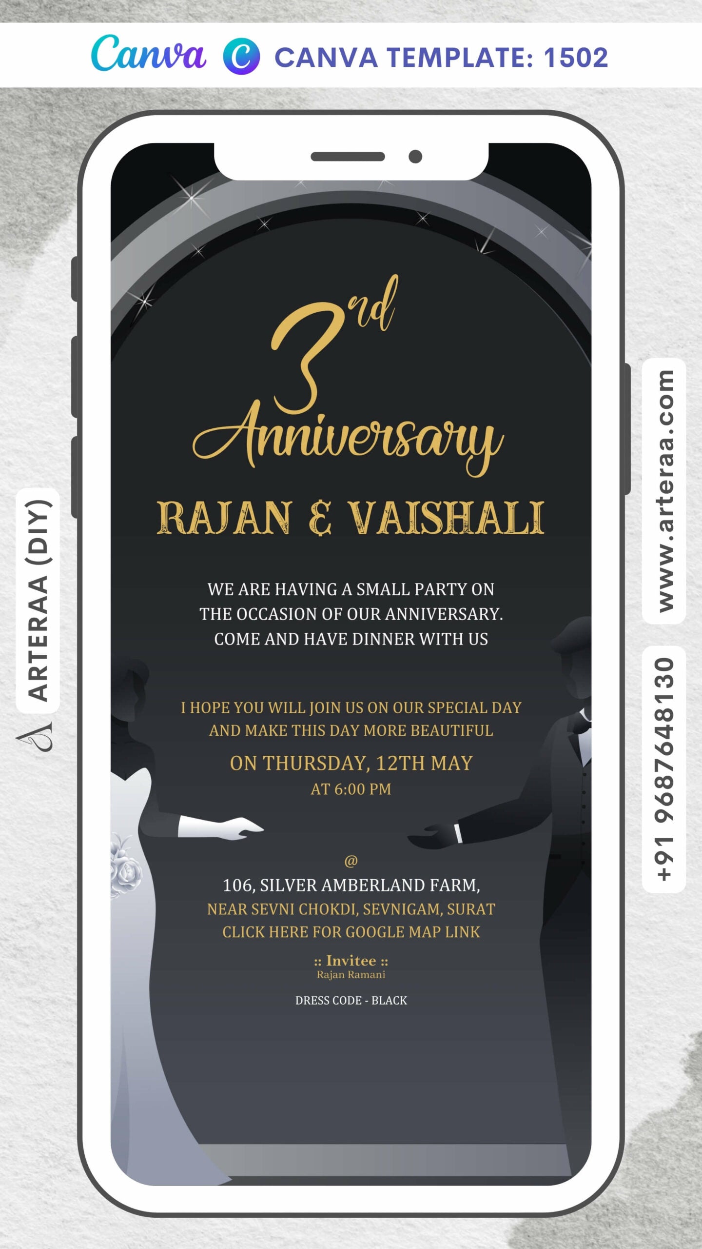 3rd Wedding Anniversary invitation card Canva Editable Template in English language with romantic couple doodle as gate theme design 1502