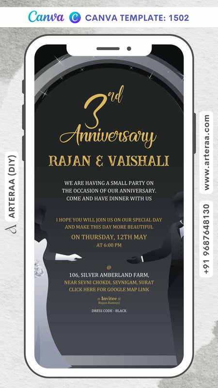 3rd Wedding Anniversary invitation card Canva Editable Template in English language with romantic couple doodle as gate theme design 1502