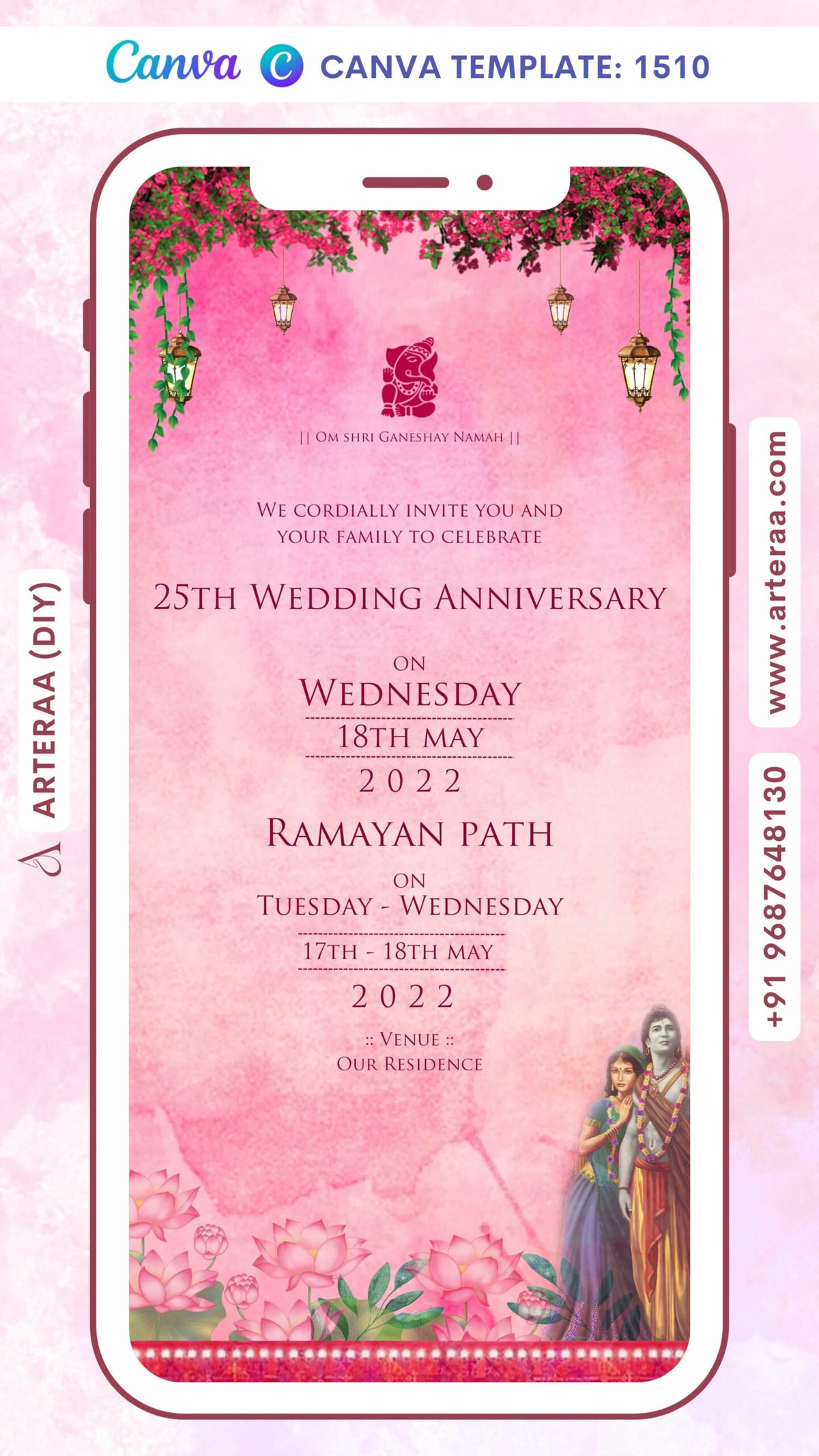 25th Wedding Anniversary invitation card Canva Editable Template in English language with flowers, leaves as radha krishna theme design 1510