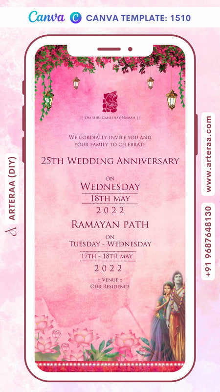 25th Wedding Anniversary invitation card Canva Editable Template in English language with flowers, leaves as radha krishna theme design 1510
