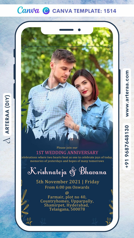 1st Wedding Anniversary invitation card Canva Editable Template in English language with couple photo, leaves as minimalistic theme design 1514