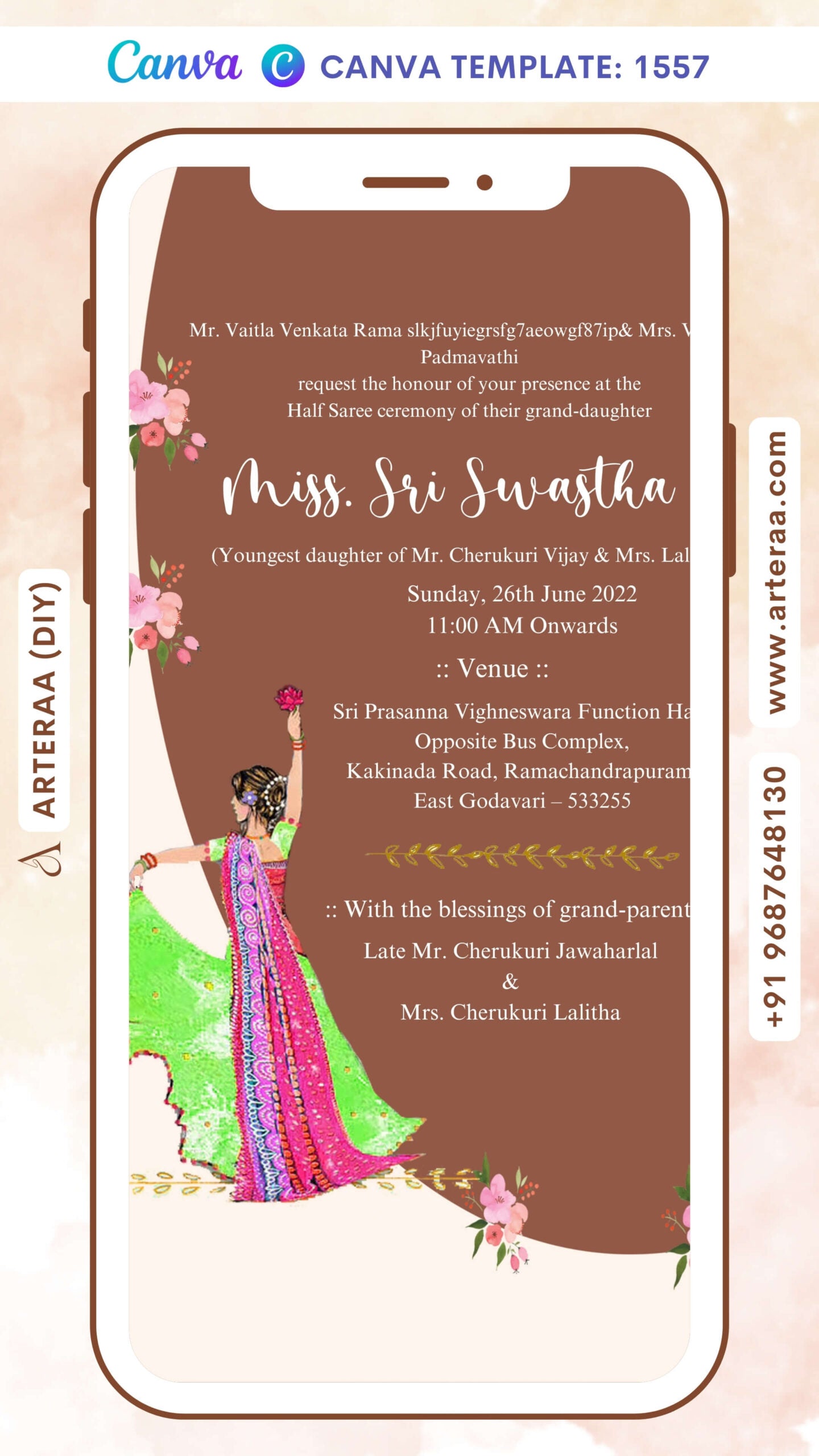 Half Saree ceremony invitation card Canva Editable Template in english language with western theme design 1557