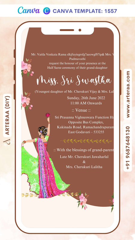Half Saree ceremony invitation card Canva Editable Template in english language with western theme design 1557