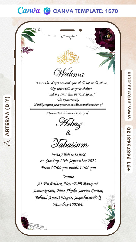 Nikah ceremony invitation card Canva Editable Template of Muslim family in english language with Floral theme design 1570