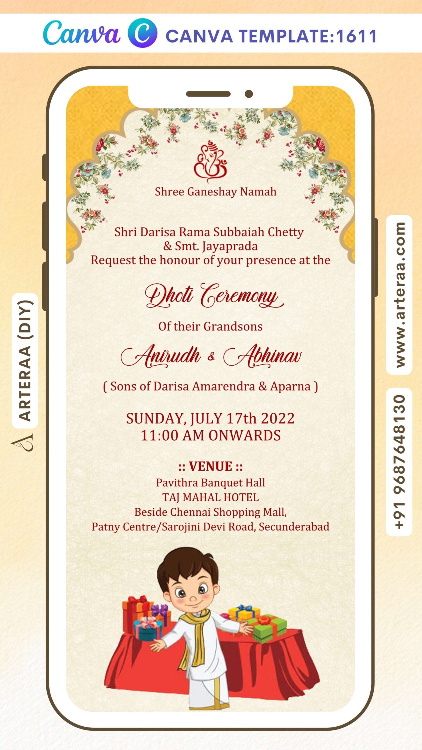Dhoti ceremony invitation video in english language with gift as arch design 1611