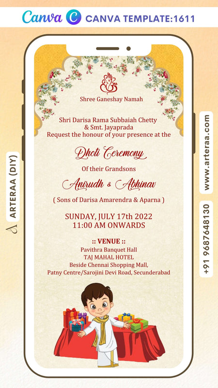 Dhoti ceremony invitation video in english language with gift as arch design 1611