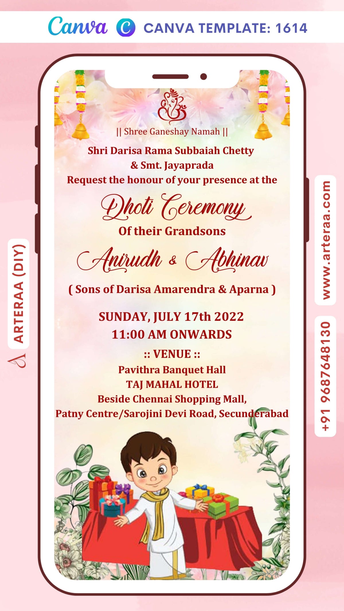 Dhoti ceremony invitation card Canva Editable Template in english language with gift as leaves theme design 1614