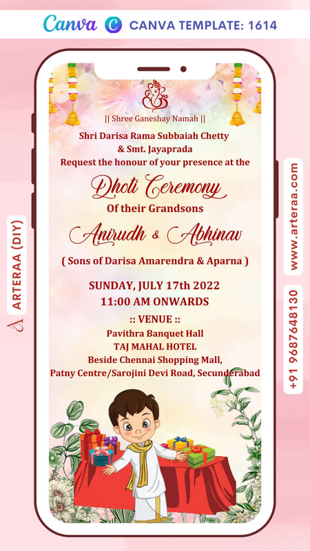 Dhoti ceremony invitation card Canva Editable Template in english language with gift as leaves theme design 1614
