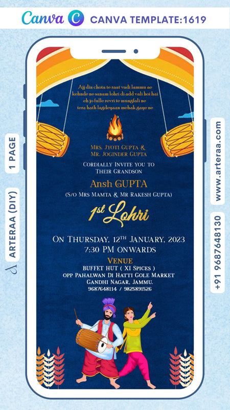 Lohri invitation Canva Editable video Template in english language with bonfire, couple doodle, tabla, leaves as arch theme design 1619