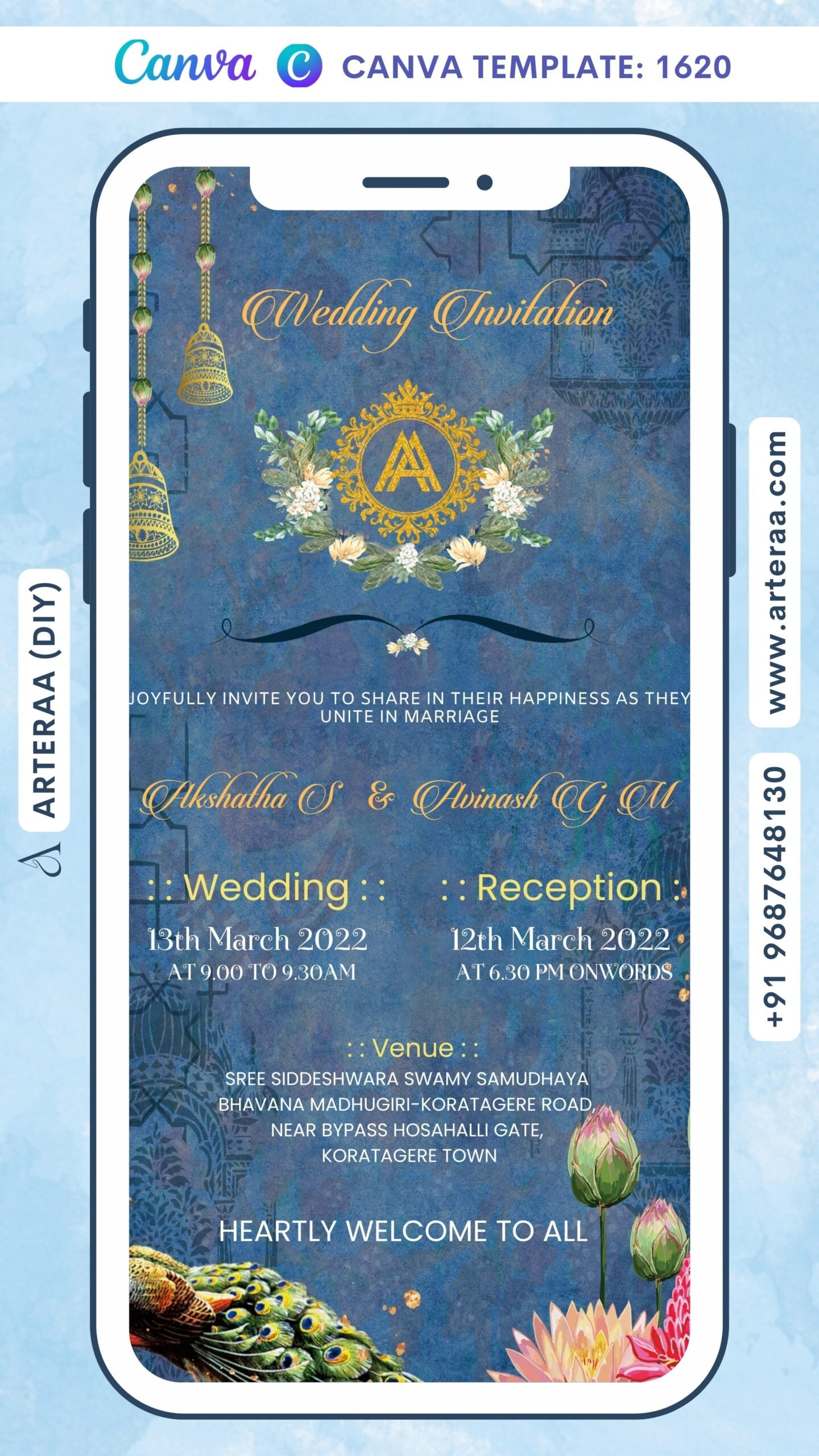 Wedding ceremony invitation card Canva Editable Template of hindu south indian kannada family in english language with traditional theme design 1620