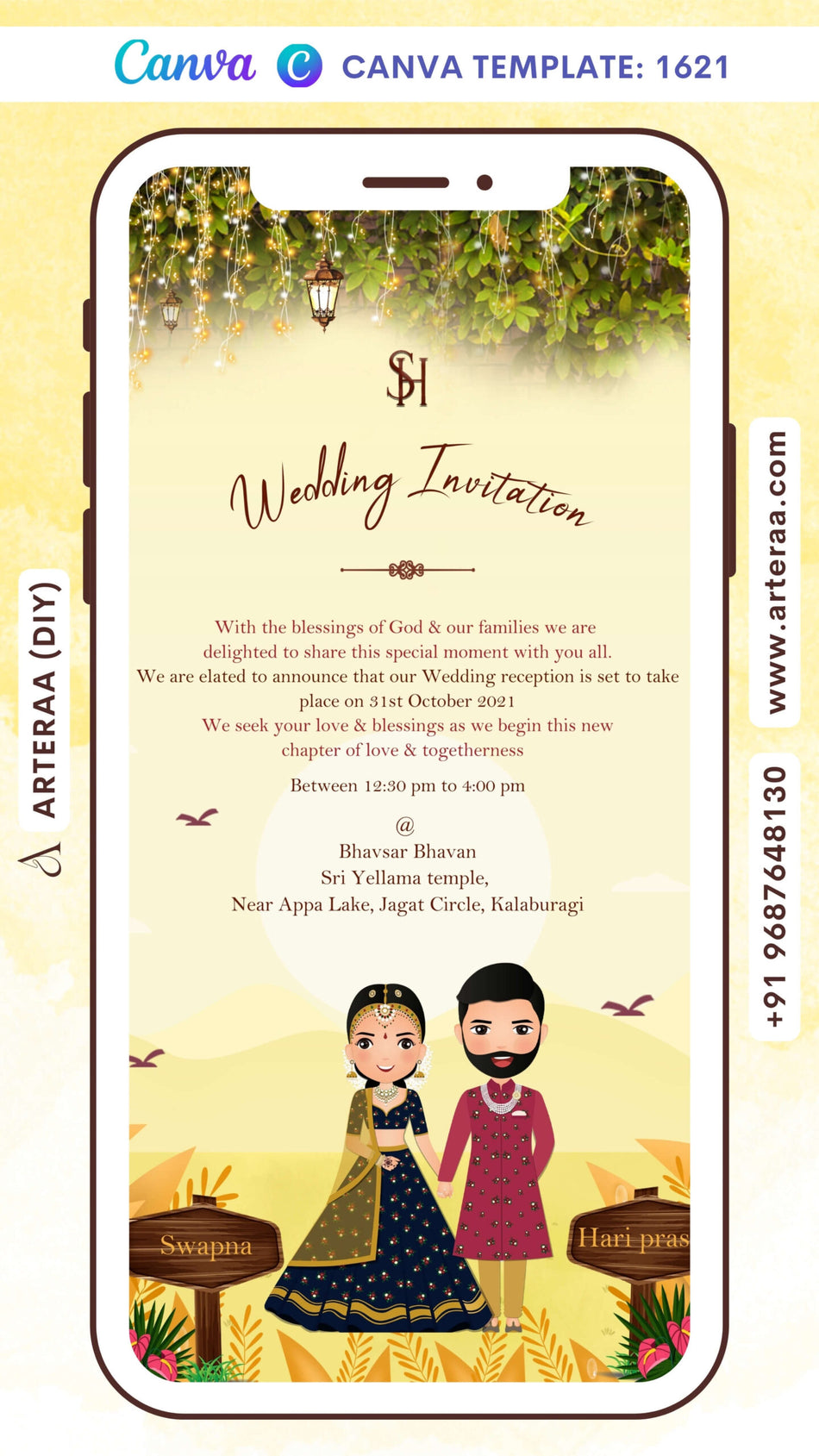 Wedding ceremony invitation card Canva Editable Template of hindu south indian kannada family in english language with mountain theme design 1621