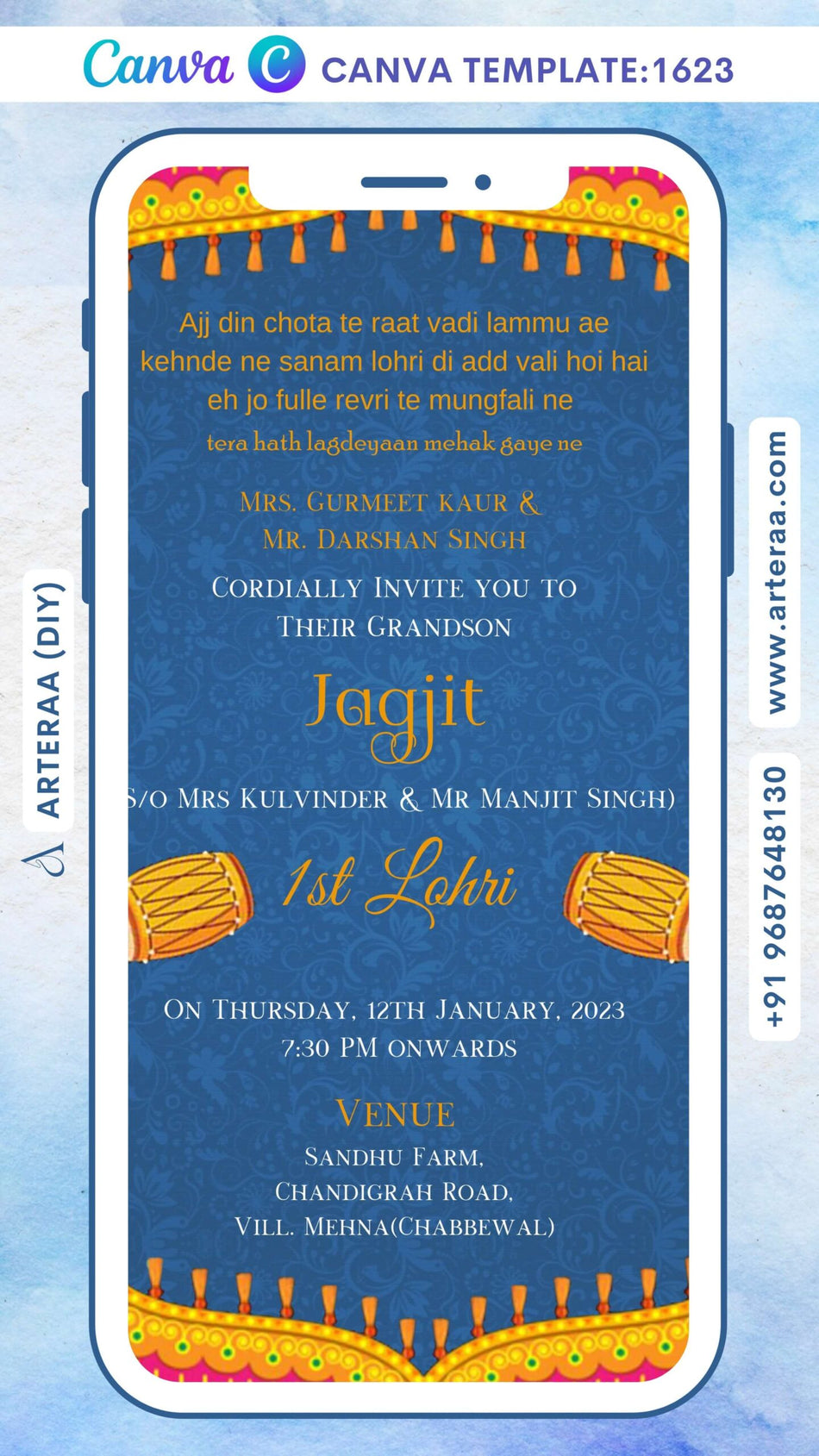 Lohri invitation Canva Editable video Template in english language with dholki as traditional theme design 1623