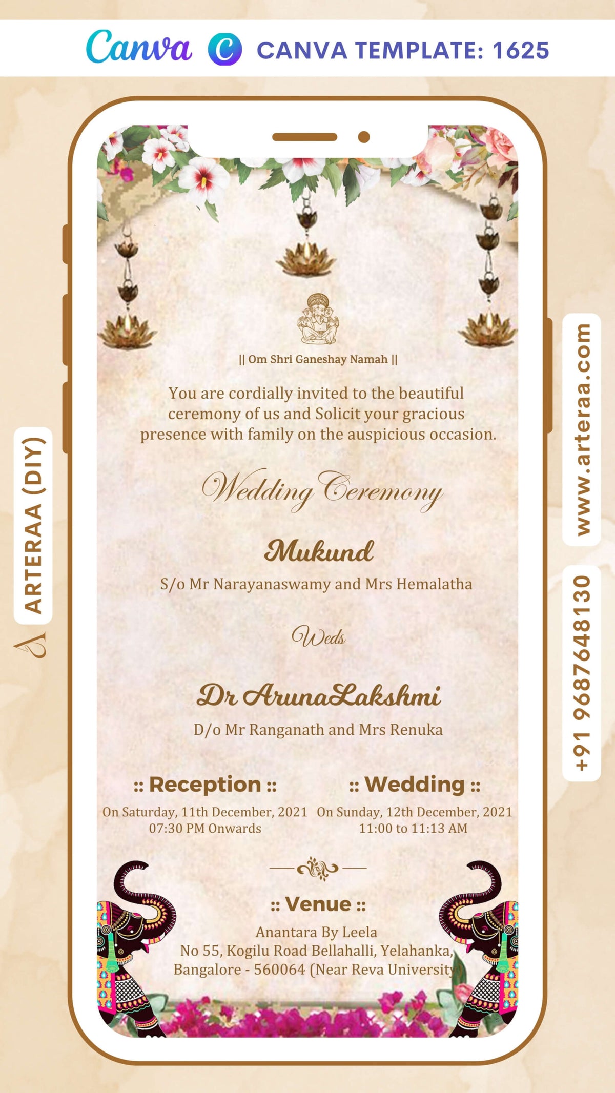 Wedding ceremony invitation card Canva Editable Template of hindu south indian kannada family in english language with traditional theme design 1625