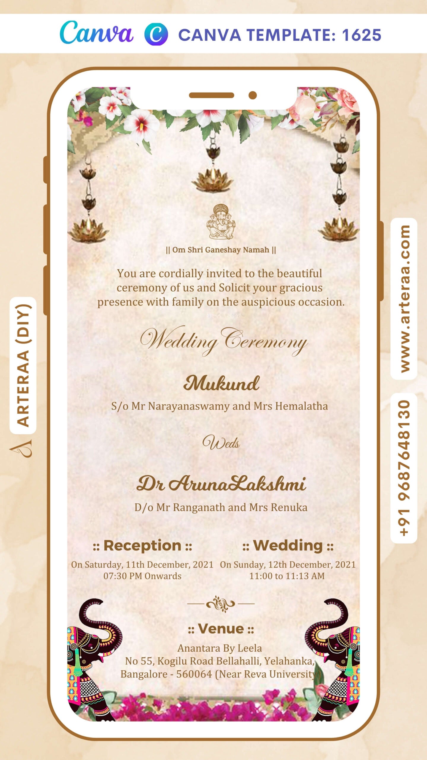 Wedding ceremony invitation card Canva Editable Template of hindu south indian kannada family in english language with traditional theme design 1625