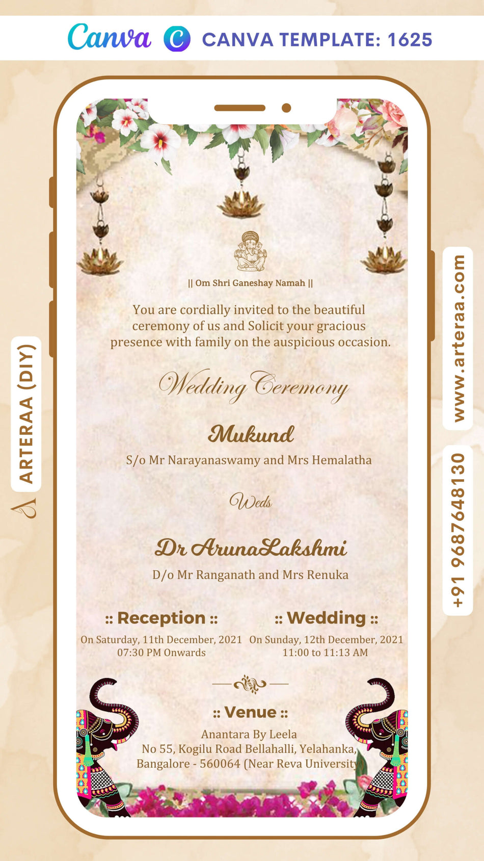 Wedding ceremony invitation card Canva Editable Template of hindu south indian kannada family in english language with traditional theme design 1625