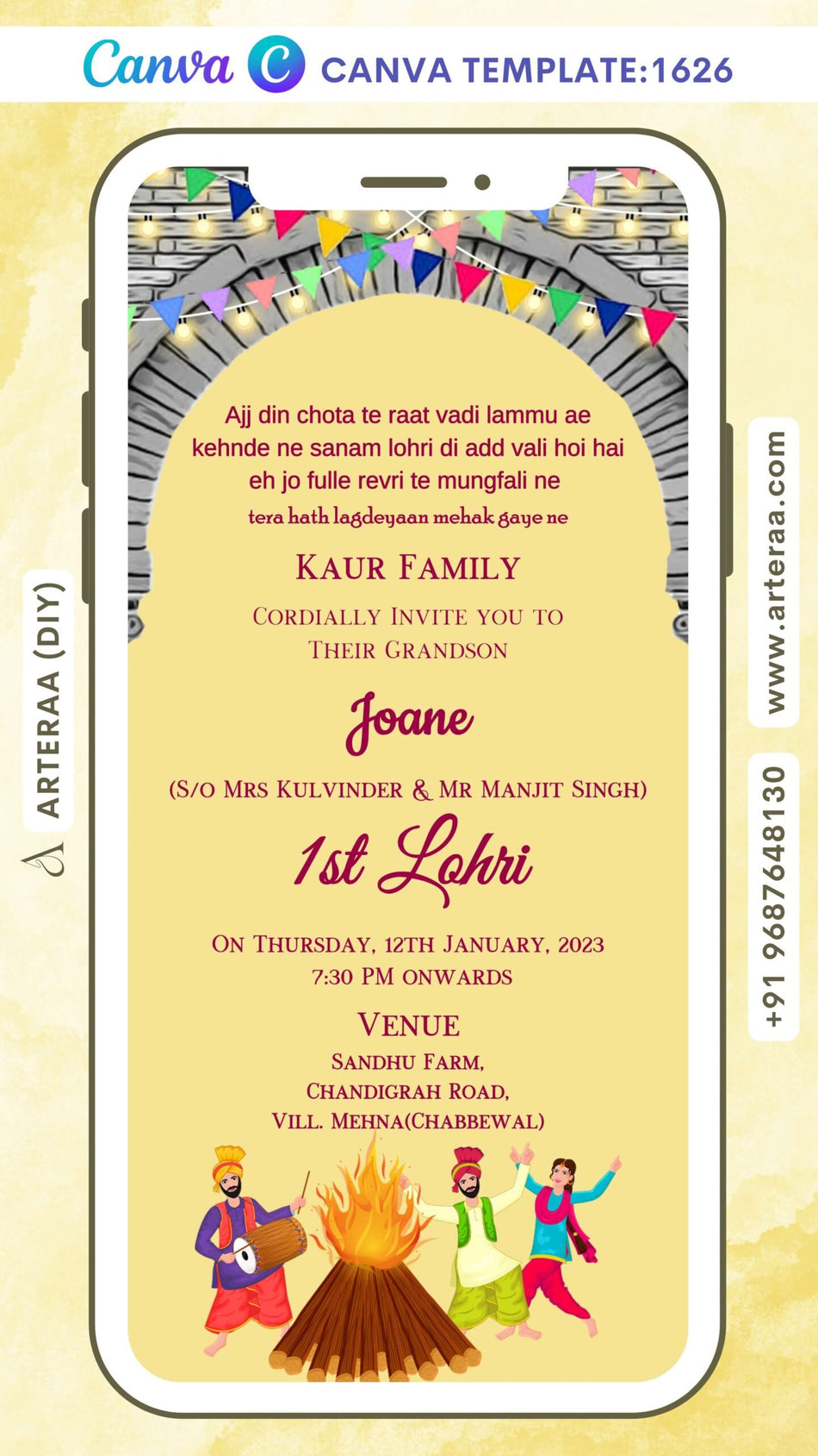 Lohri invitation Canva Editable video Template in english language with light, doodle, bonfire, toran as gate theme design 1626