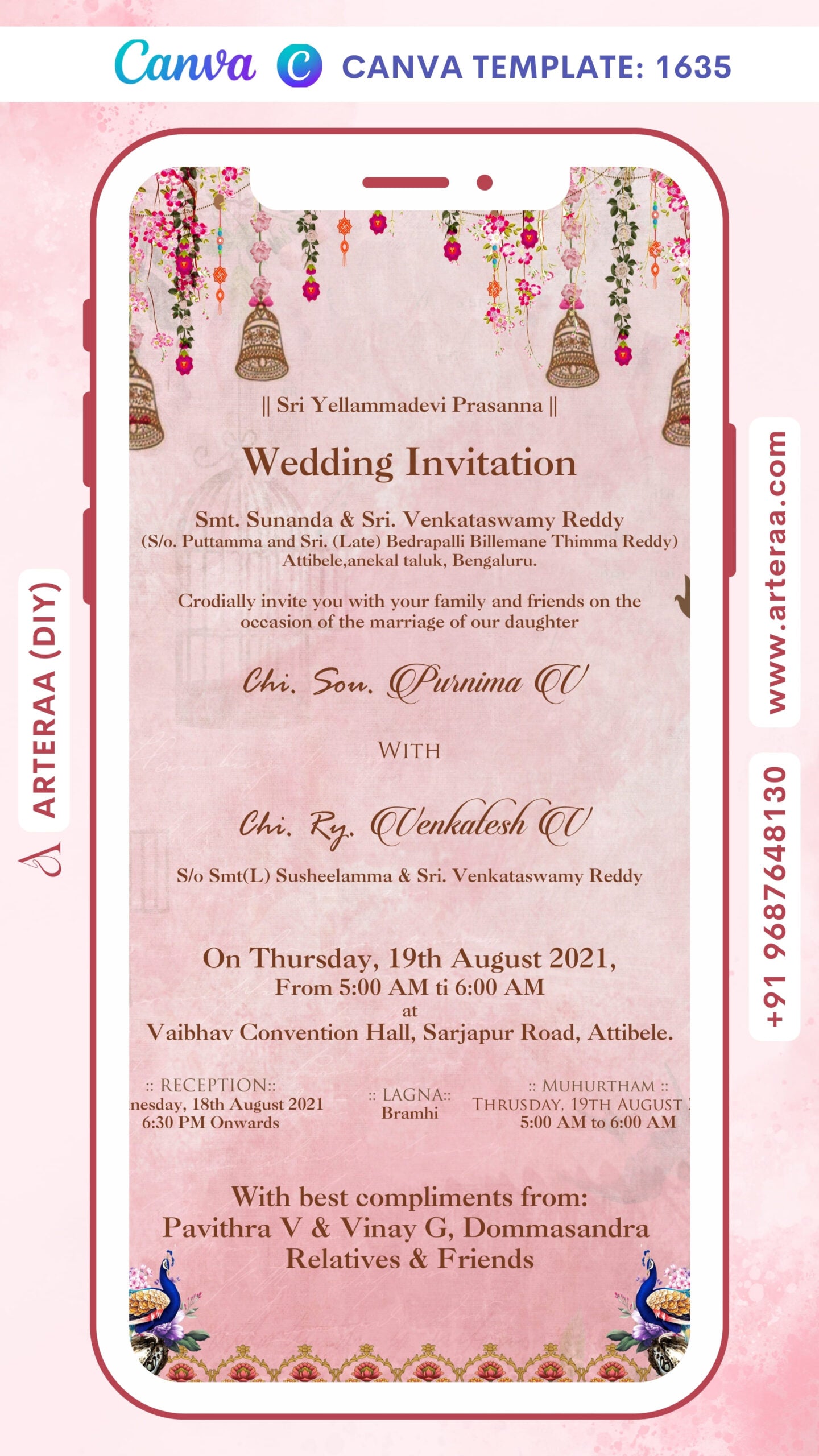 Wedding ceremony invitation card Canva Editable Template of hindu south indian kannada family in english language with traditional theme design 1635