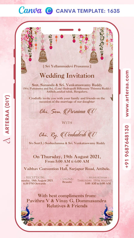 Wedding ceremony invitation card Canva Editable Template of hindu south indian kannada family in english language with traditional theme design 1635