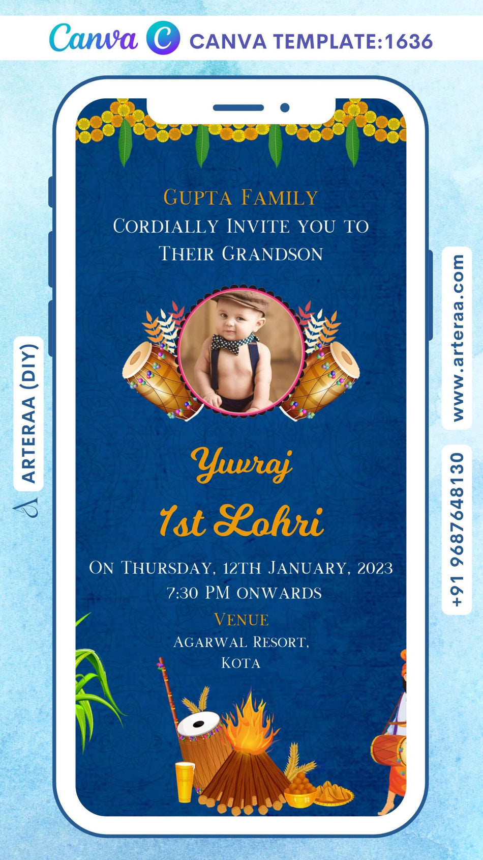 Lohri invitation Canva Editable video Template in english language with dholki, bonfire, leaves, doodle, frame, baby image as minimalistic theme design 1636