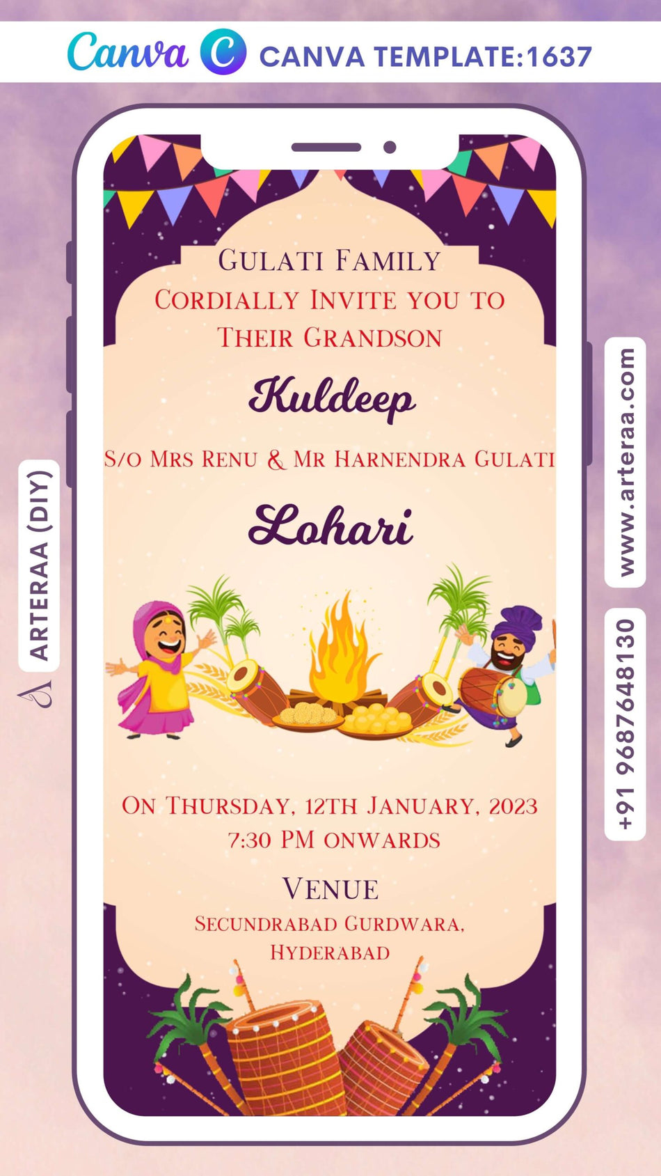 Lohri invitation Canva Editable video Template in english language with bonfire, doodle, tabla, toran as arch theme design 1637